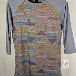Geometric Pattern Raglan Tee in Lavender, Teal & Mustard - NWT